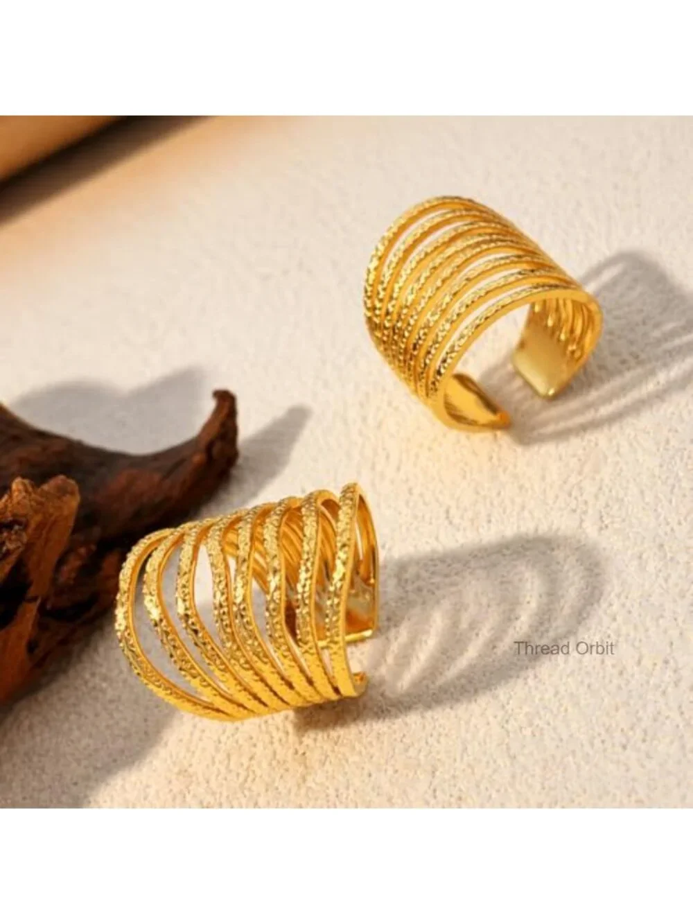 Gold Multi Layer Statement Ring, Wide Band Open Finger Stack Look Ring